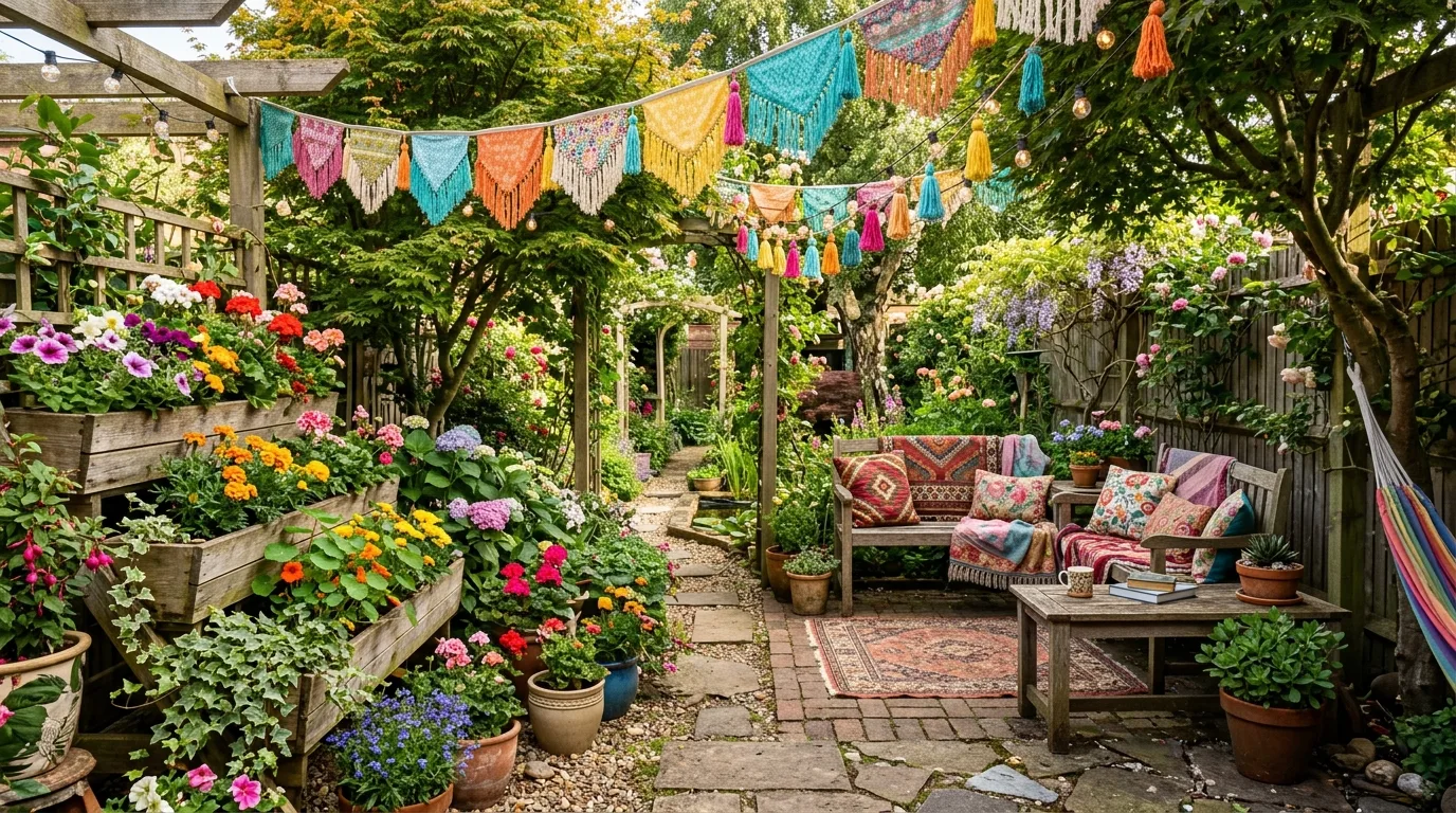 Boho Garden With Colorful Banners